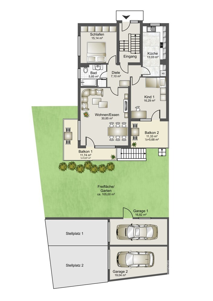 Grundriss Wohnung 1, Erdgeschoss mit Garten, Garagen und Stellplätzen